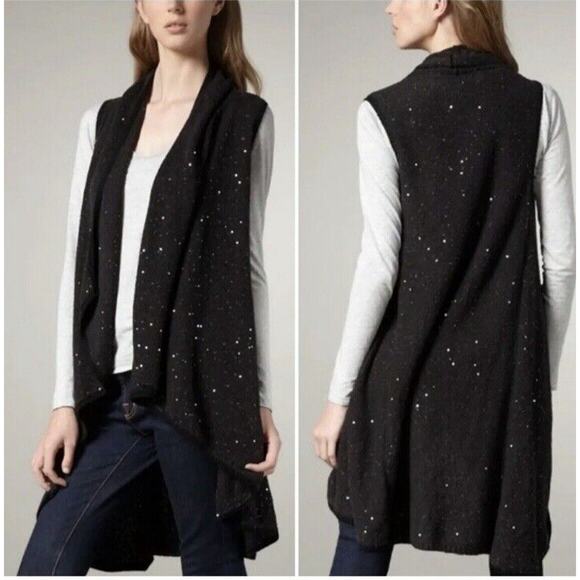 Alice + Olivia Cardigan Sweater Womens Small Black Sequin Open Front Vest Draped - Picture 1 of 10